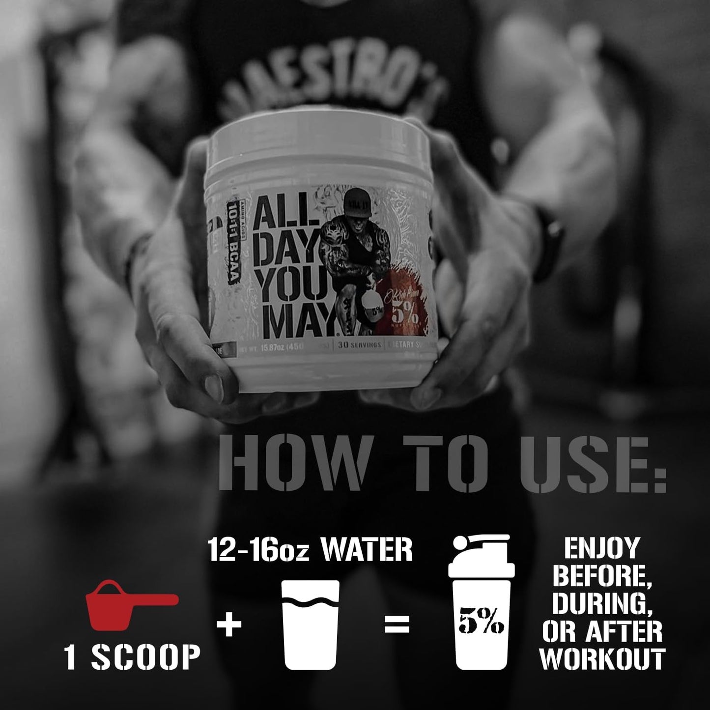 5% Nutrition Rich Piana AllDayYouMay BCAA Powder - Premium Blend for Workout Recovery & Support -15.87 oz, 30 Servings