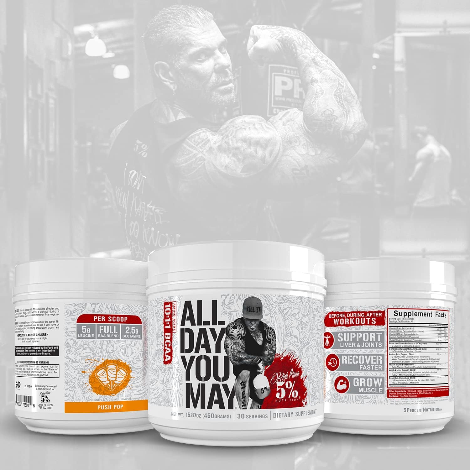 5% Nutrition Rich Piana AllDayYouMay BCAA Powder - Premium Blend for Workout Recovery & Support -15.87 oz, 30 Servings
