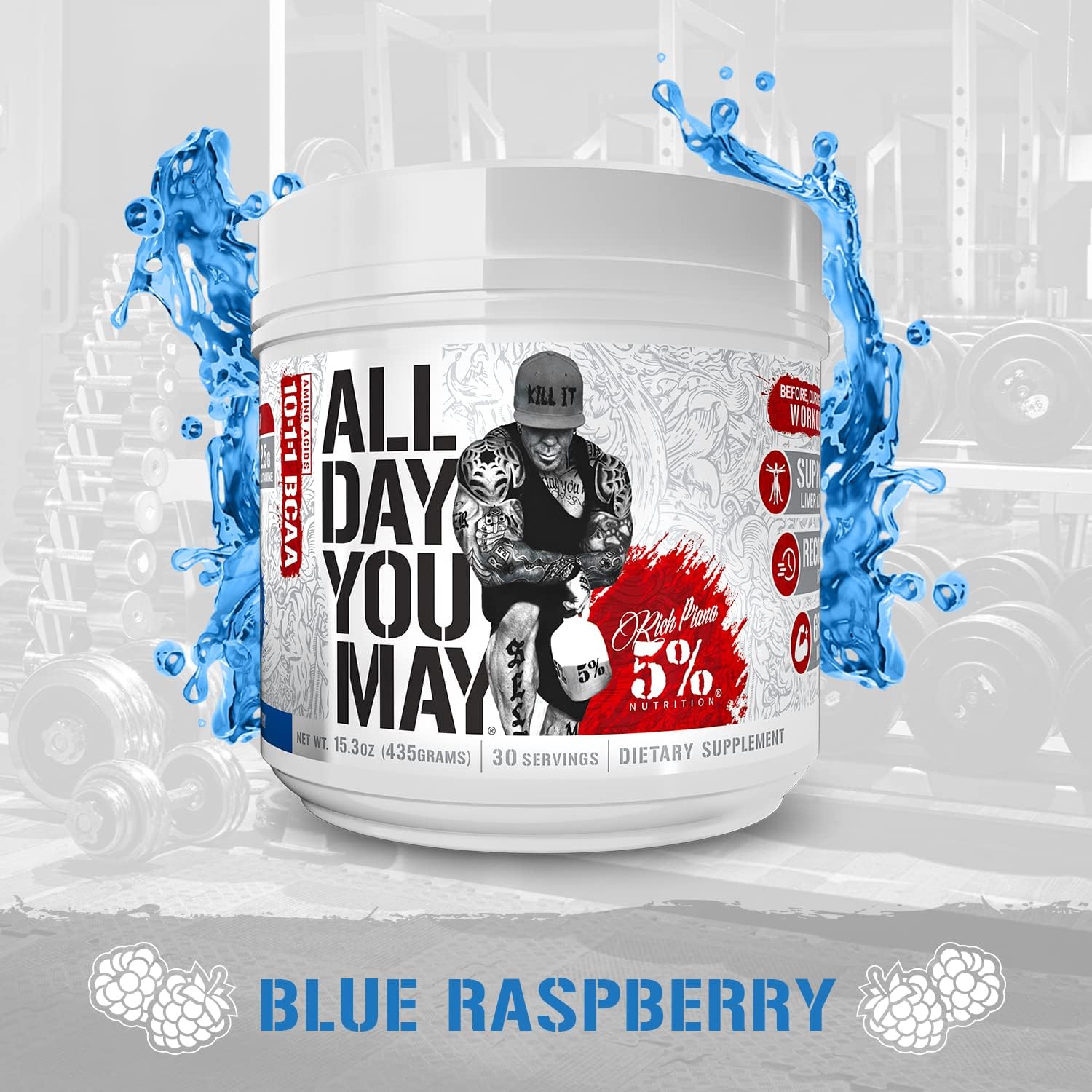5% Nutrition Rich Piana AllDayYouMay BCAA Powder - Blue Raspberry Flavor - 16.4 oz, 30 Servings - Premium Amino Acid Blend for Workout Recovery & Hydration