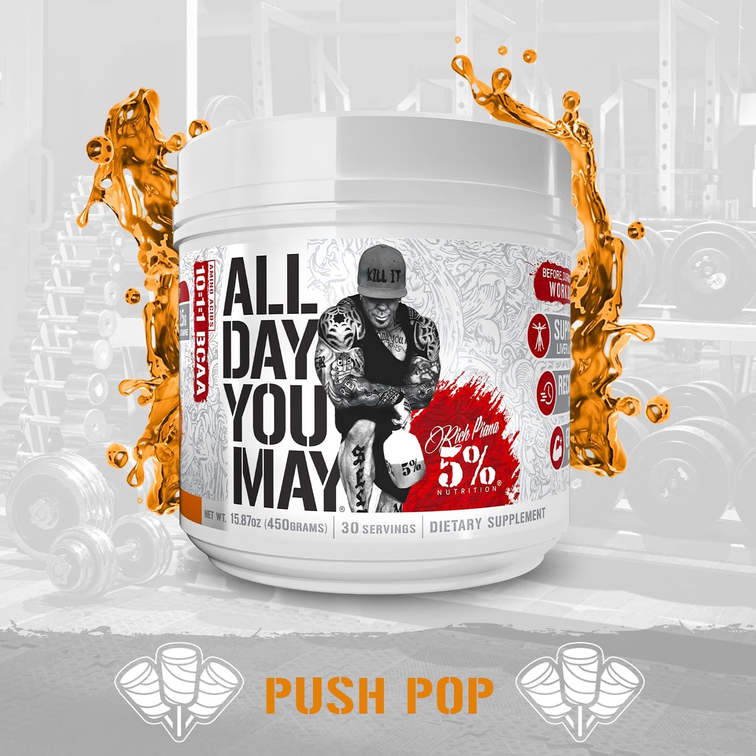 5% Nutrition Rich Piana AllDayYouMay BCAA Powder - Premium Blend for Workout Recovery & Support -15.87 oz, 30 Servings