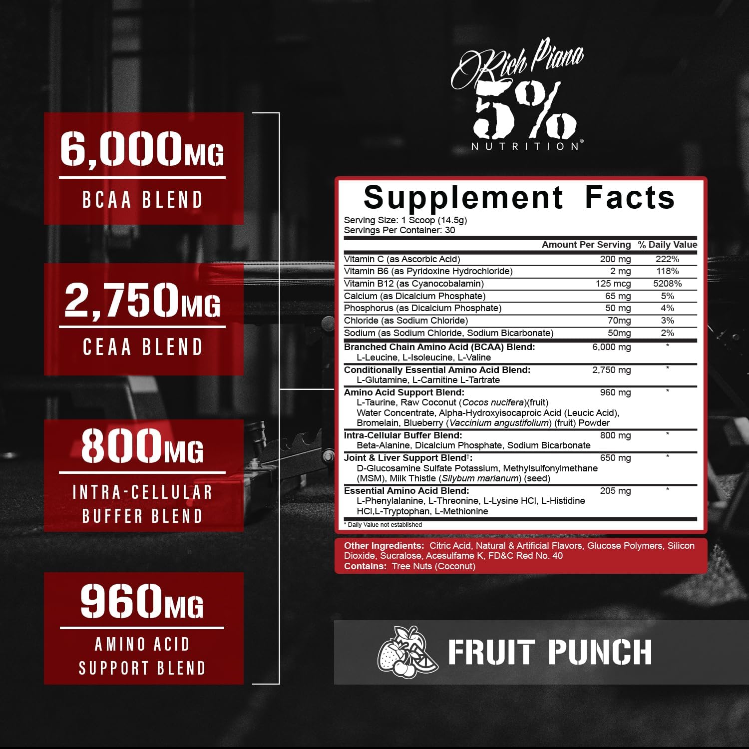 5% Nutrition Rich Piana AllDayYouMay BCAA Powder 15.3 oz - Fruit Punch Flavor - Intra & Post Workout Amino Acids for Muscle Recovery & Hydration