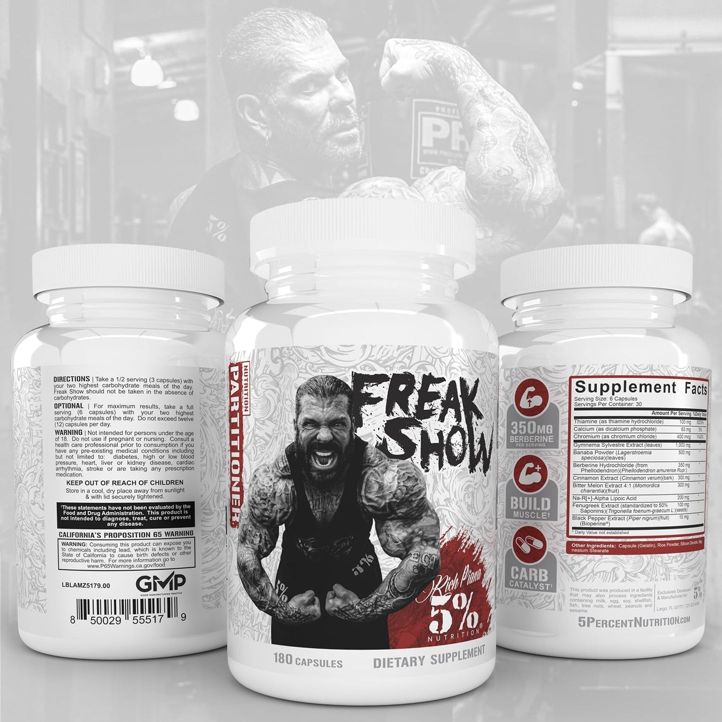 5% Nutrition Rich Piana Freak Show Muscle Builder Supplement 180 Capsules - Berberine, Gymnema Sylvestre, Banaba Powder - 30 Day Supply
