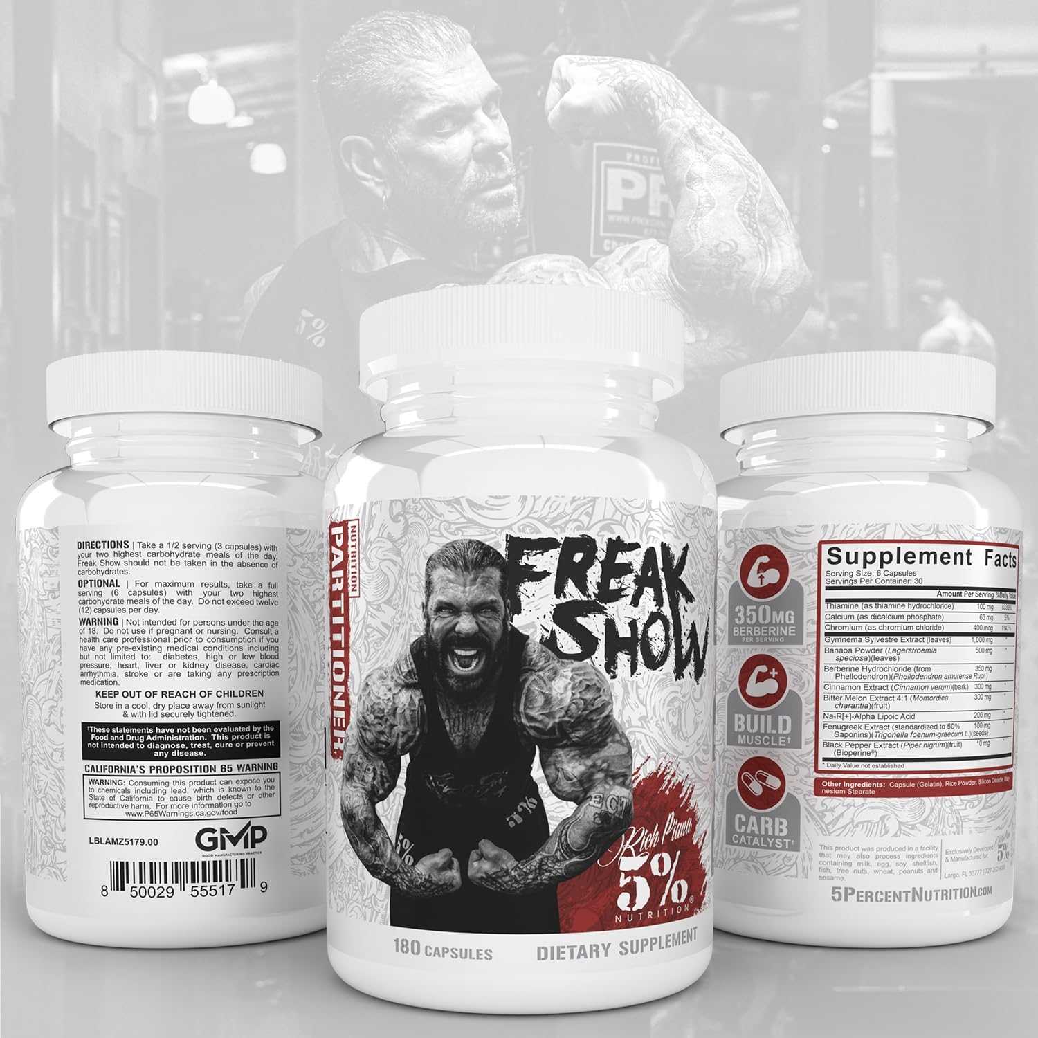 5% Nutrition Rich Piana Freak Show Muscle Builder Supplement 180 Capsules - Berberine, Gymnema Sylvestre, Banaba Powder - 30 Day Supply