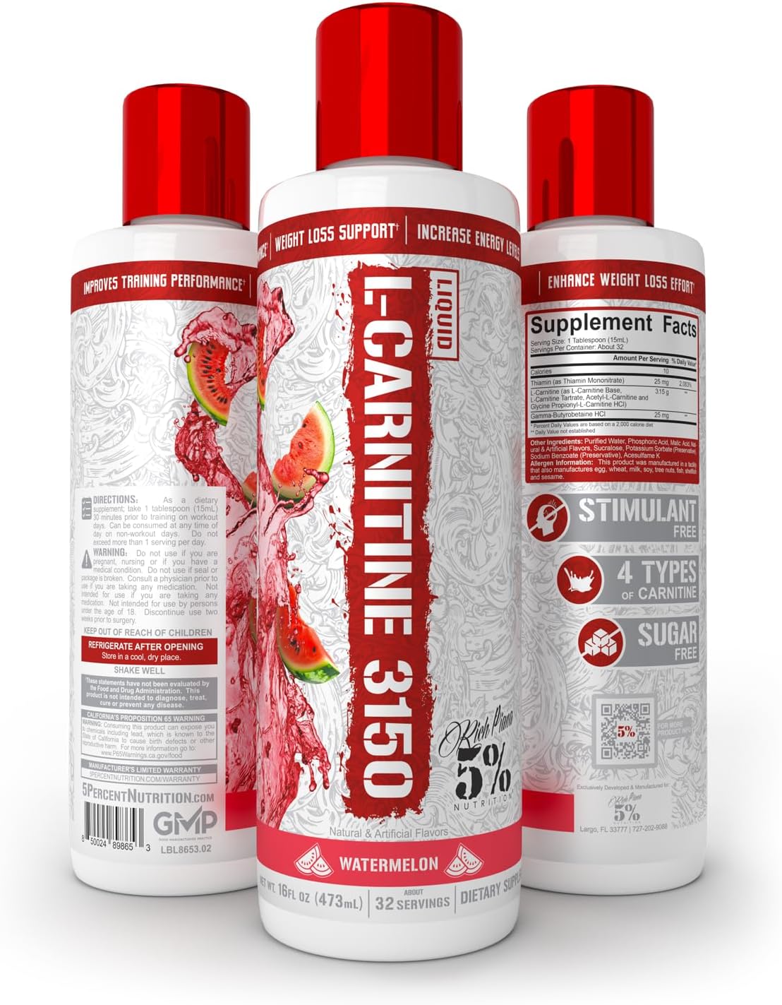 5% Nutrition Rich Piana Liquid L-Carnitine 3150: Premium 4 Source Blend with GBB for Enhanced Performance (Watermelon Candy Flavor)