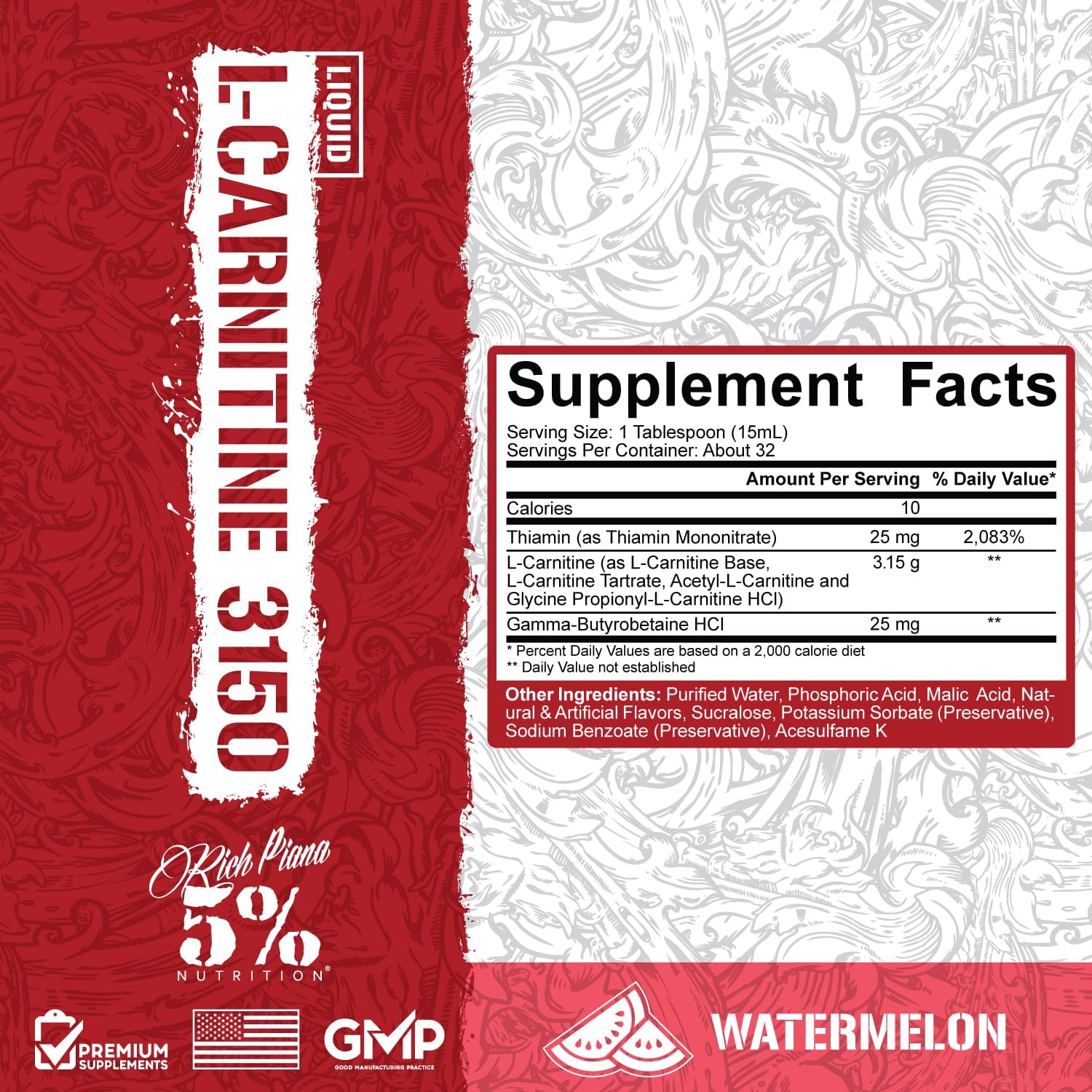5% Nutrition Rich Piana Liquid L-Carnitine 3150: Premium 4 Source Blend with GBB for Enhanced Performance (Watermelon Candy Flavor)