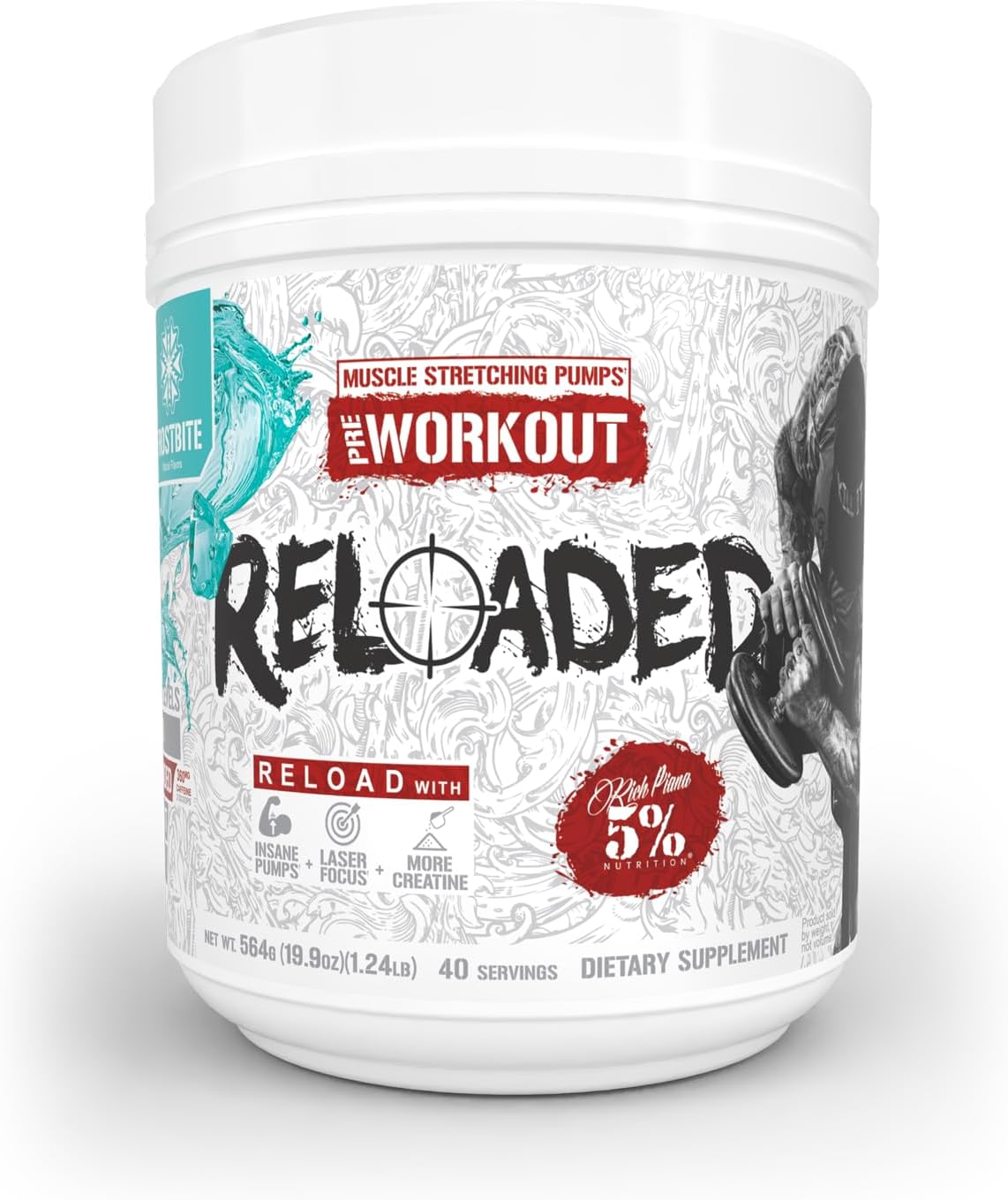 5% Nutrition Rich Piana Reloaded High Stim Pre-Workout - Frostbite Flavor - Boost Energy, Focus, and Endurance with Citrulline, Creatine, and More