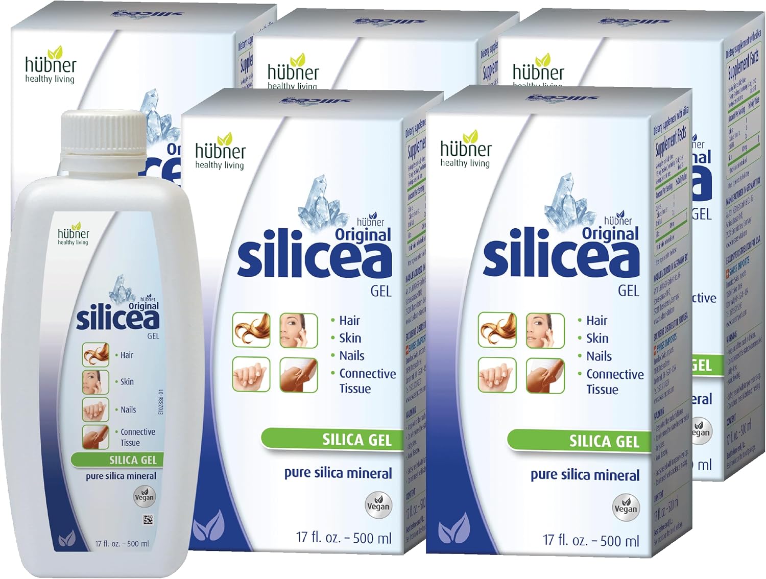5 Pack of Hubner Hübner Original Silicea Gel - 17 fl oz / 500 ml - Pure Colloidal Silica Gel for Hair, Skin, Nails, and Connective Tissue - Additive and Preservative-Free