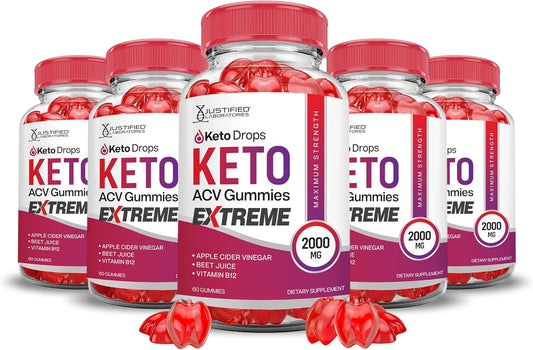 5 Pack of Justified Laboratories Keto Drops and ACV Gummies - 2000MG Extreme Formula with Apple Cider Vinegar, Pomegranate, Beet Juice Powder, B12 - Vegan and Non GMO - 300 Gummies