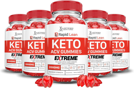 5 Pack of Justified Laboratories Rapid Lean Keto ACV Gummies - 2000MG Extreme Strength with Pomegranate & Beet Juice Powder - B12 Vegan Non GMO - 300 Gummies