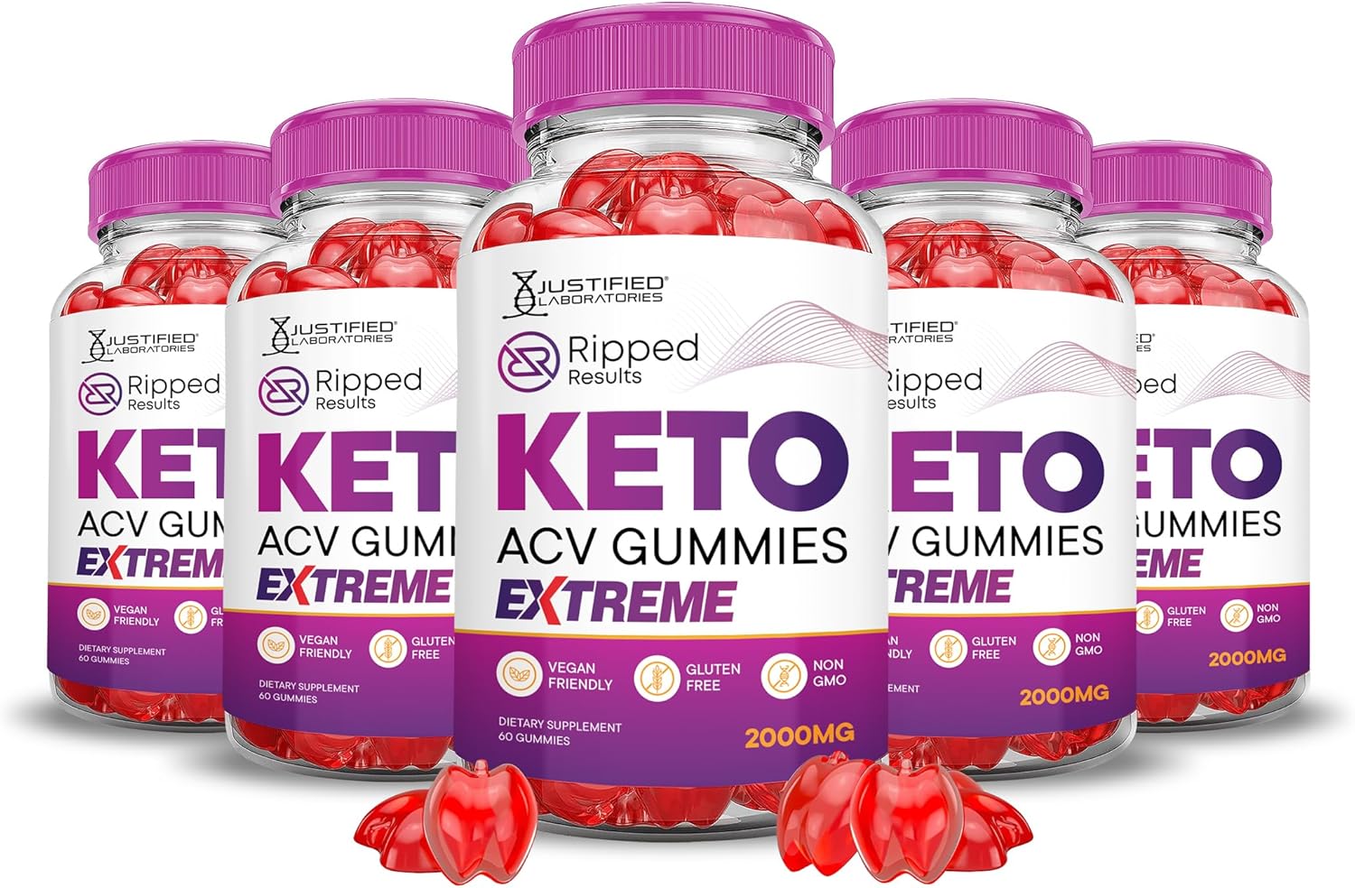 5-Pack of Justified Laboratories Ripped Results Keto ACV Gummies - 2000MG Extreme Strength with Apple Cider Vinegar, Pomegranate, Beet Juice, B12 - Vegan & Non-GMO - 300 Gummies