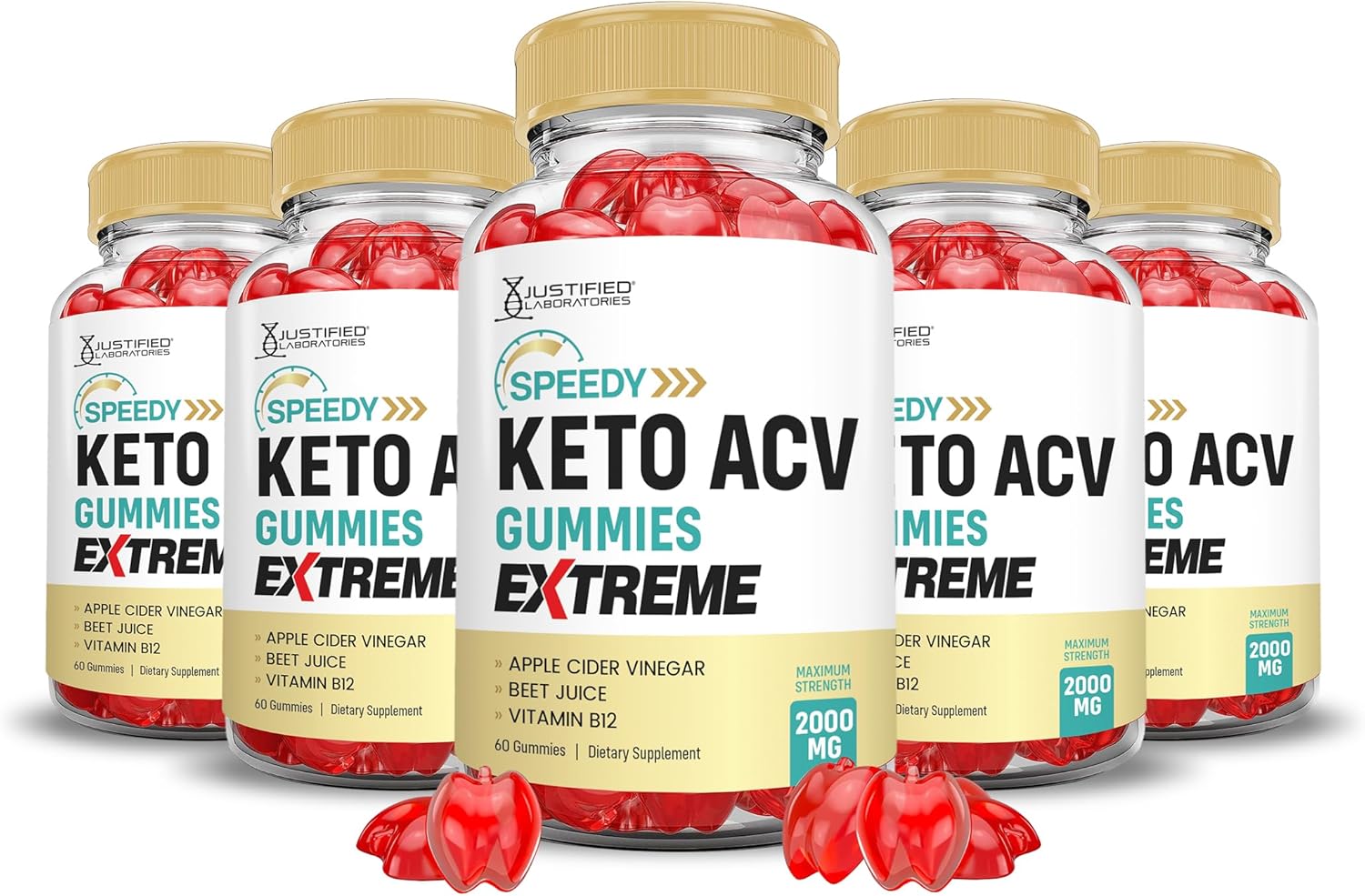 5 Pack of Justified Laboratories Speedy Keto ACV Gummies - 2000MG Extreme Formula with Pomegranate Beet Juice Powder - B12 Vegan Non GMO - 300 Gummies