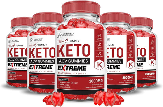 5 Pack of Justified Laboratories Trim Tummy Keto ACV Gummies with 2000MG Extreme Formula, Apple Cider Vinegar, Pomegranate, Beet Juice, B12 - Vegan and Non GMO - 300 Gummies