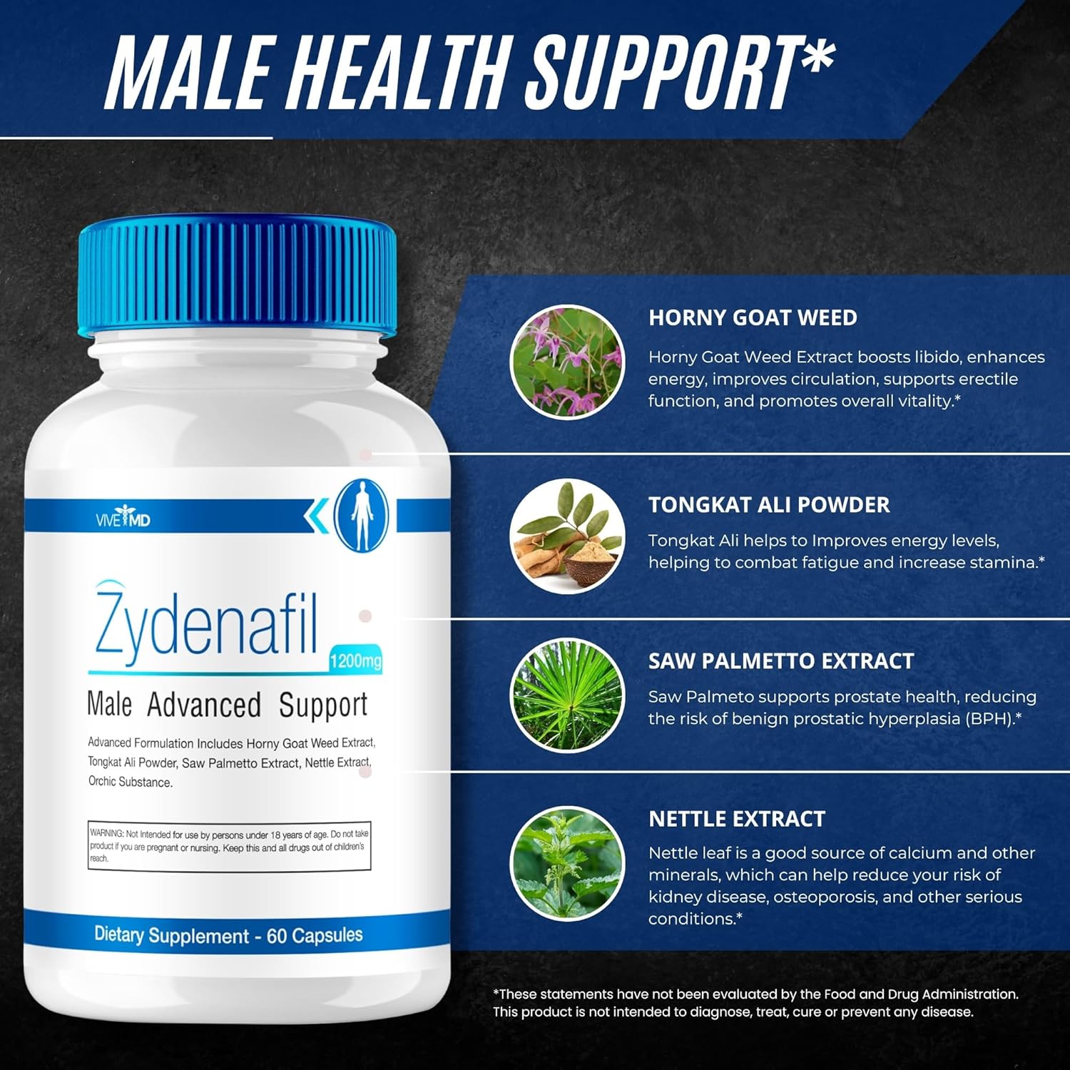 5 Pack of VIVE MD Zydenafil Pills for Men - Advanced Formula with 1200mg Strength - Contains Tongkat Ali, Saw Palmetto, and Horny Goat Weed - Male Enhancement Supplement