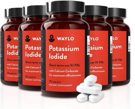 5 Pack of Waylo Potassium Iodide Tablets with Calcium Carbonate - 130mg per Serving, 375 Tablets Total