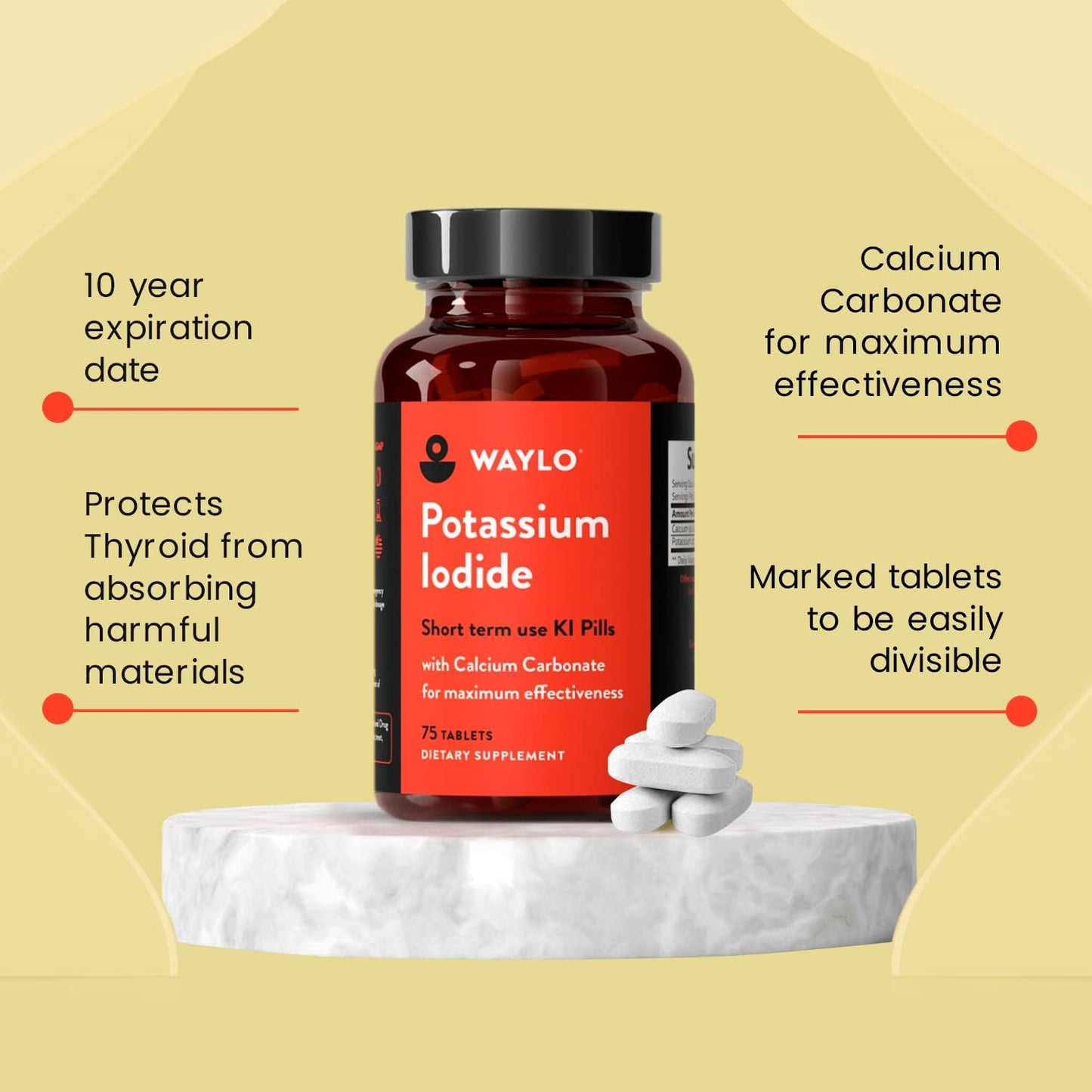 5 Pack of Waylo Potassium Iodide Tablets with Calcium Carbonate - 130mg per Serving, 375 Tablets Total