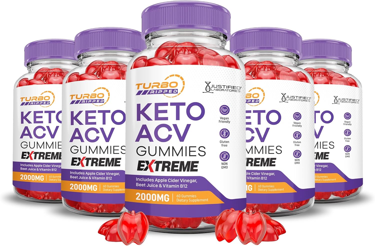 5 Pack Turbo Ripped Keto ACV Gummies Extreme 2000MG with Pomegranate Beet Juice Powder B12 - 300 Vegan Non GMO Gummies