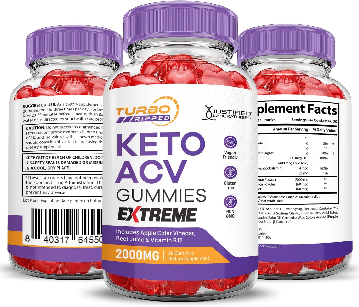 5 Pack Turbo Ripped Keto ACV Gummies Extreme 2000MG with Pomegranate Beet Juice Powder B12 - 300 Vegan Non GMO Gummies