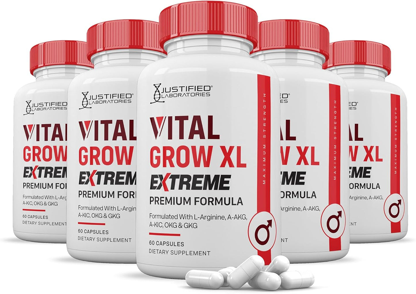 5 Pack Vital Grow XL Extreme Pills 1600MG Premium Formula for Men's Health - 300 Capsules by Justified Laboratories