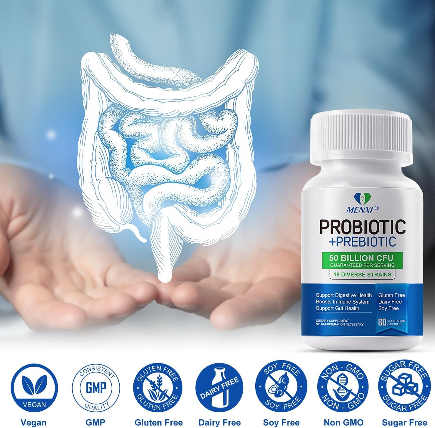 50 Billion CFU Probiotic Supplement with Prebiotics for Digestive, Immune, and Gut Health - 18 Strains for Diarrhea, Gas, and Bloating Relief - Daily Probiotics for Men and Women - 60ct