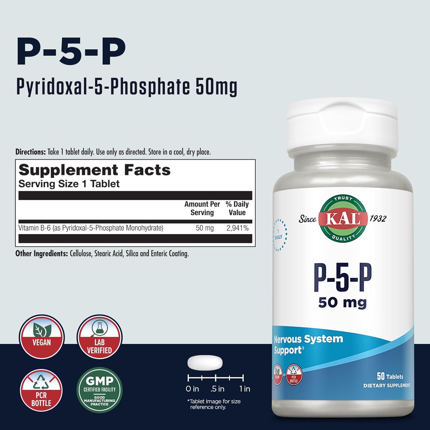 50 Count KAL 50 Mg B-6 Pyridoxal-5-Phosphate Tablets for Enhanced Absorption