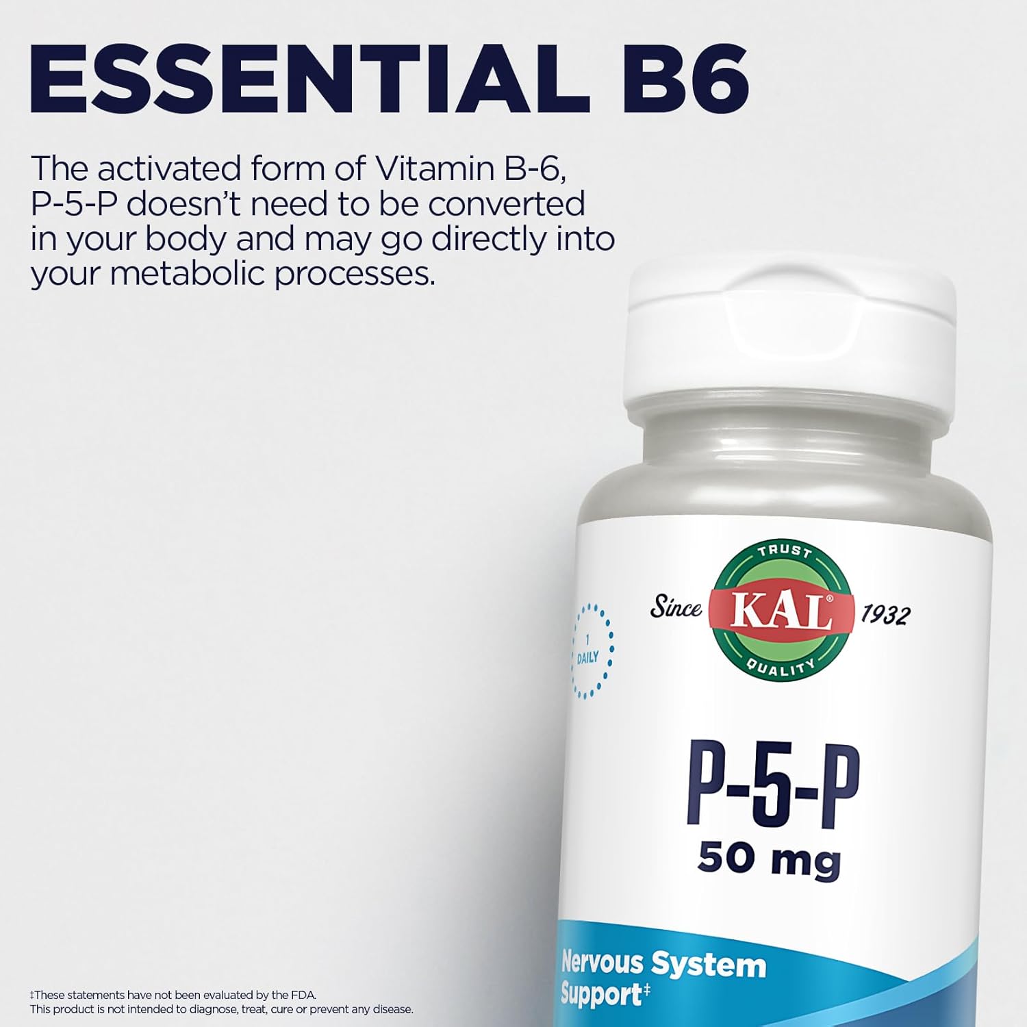 50 Count KAL 50 Mg B-6 Pyridoxal-5-Phosphate Tablets for Enhanced Absorption