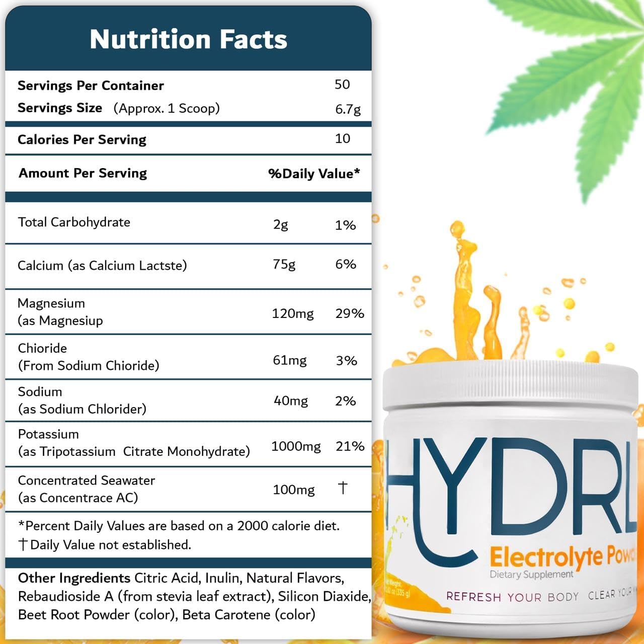 50-Day Supply of HYDRL Mandarin Orange Electrolyte Hydration Powder for Keto - Low Carb Carnivore Drink Mix with Potassium - Electrolyte Recovery Drink to Prevent Leg Cramps