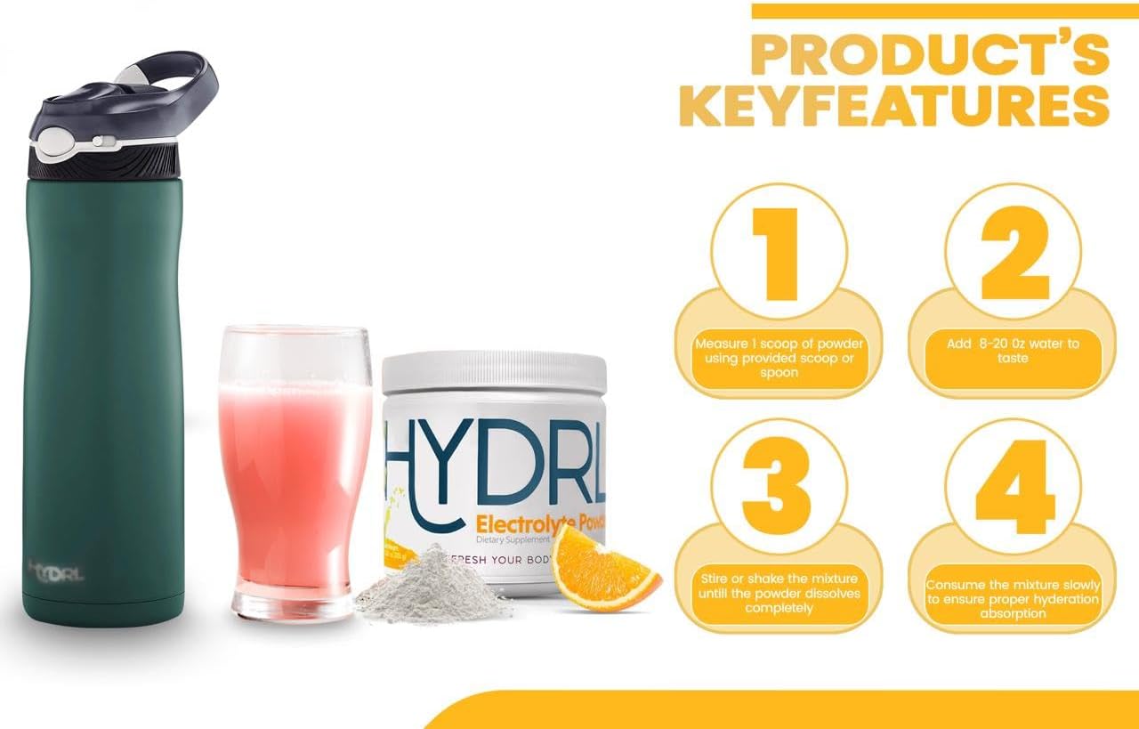 50-Day Supply of HYDRL Mandarin Orange Electrolyte Hydration Powder for Keto - Low Carb Carnivore Drink Mix with Potassium - Electrolyte Recovery Drink to Prevent Leg Cramps