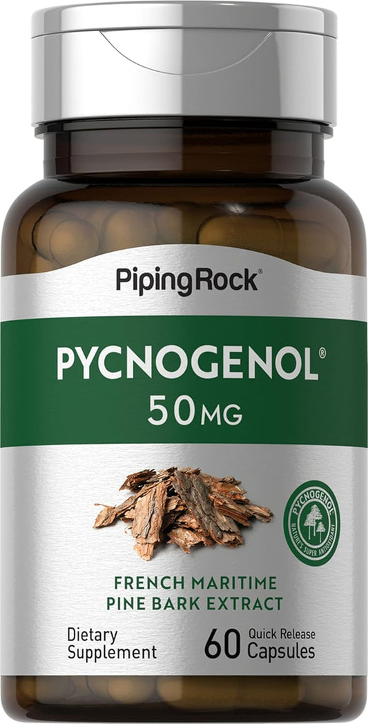 50 mg Pycnogenol Supplement with French Maritime Pine Bark Extract - 60 Capsules | Non-GMO, Gluten Free | Pinus Pinaster Bark