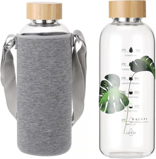 50 oz Glass Water Bottle with Time Markers, Bamboo Lid, Neoprene Sleeve - BPA Free & Wide Mouth