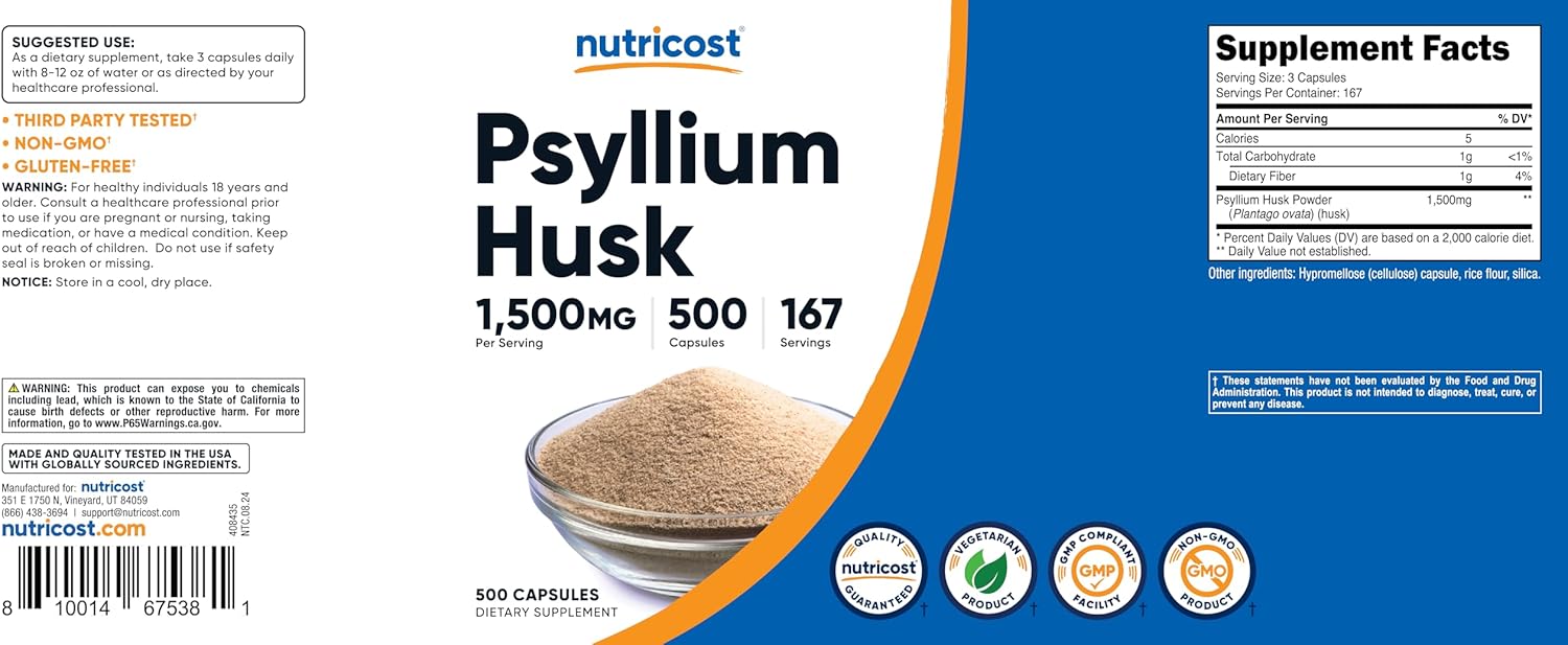 500 Capsules of Nutricost Psyllium Husk, 1500mg Per Serving - Non-GMO & Gluten-Free Fiber Supplement
