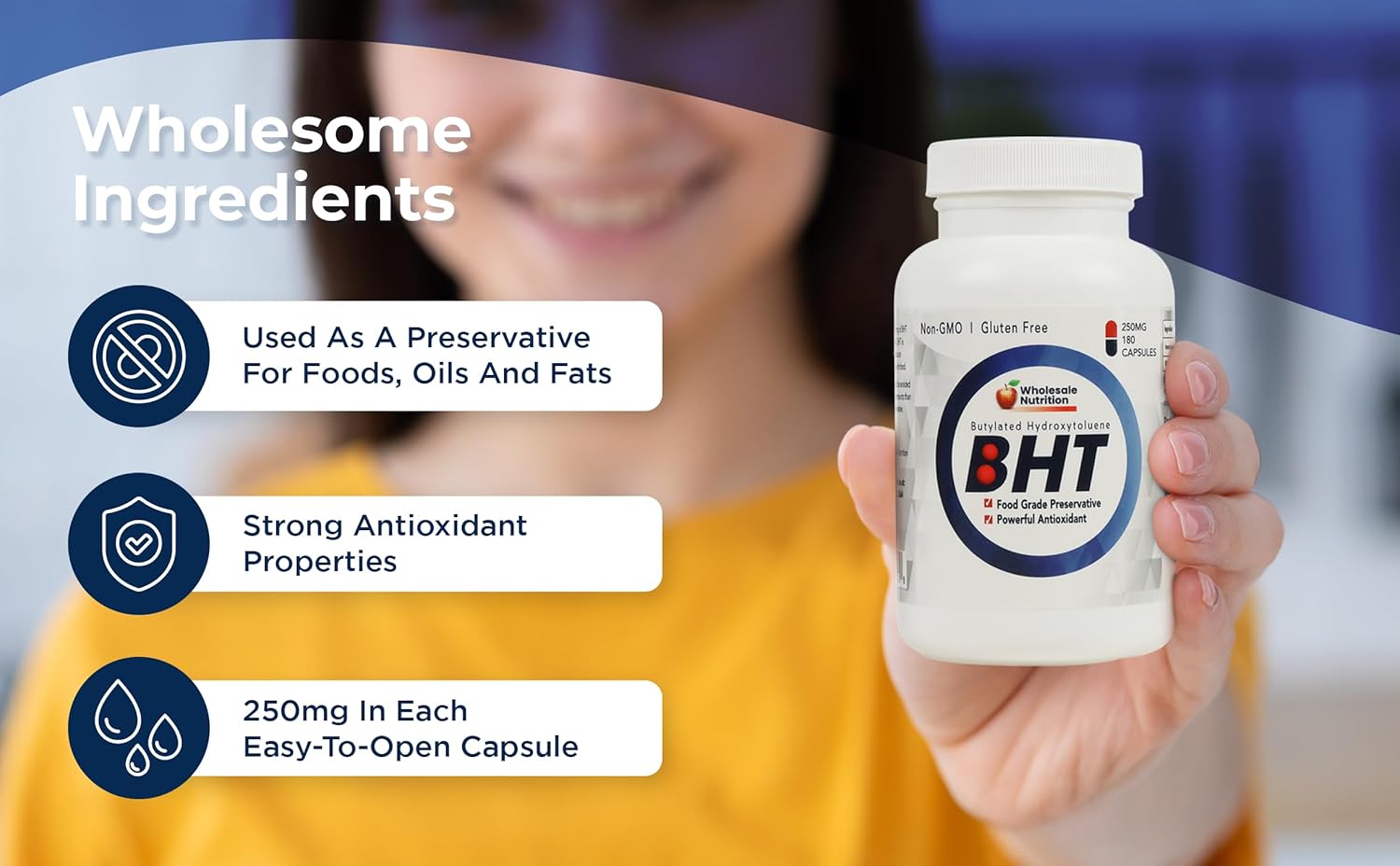 500 Capsules Wholesale Nutrition BHT 250mg - Powerful Antioxidant, Food-Grade Preservative - Non-GMO, Gluten-Free - Made in USA