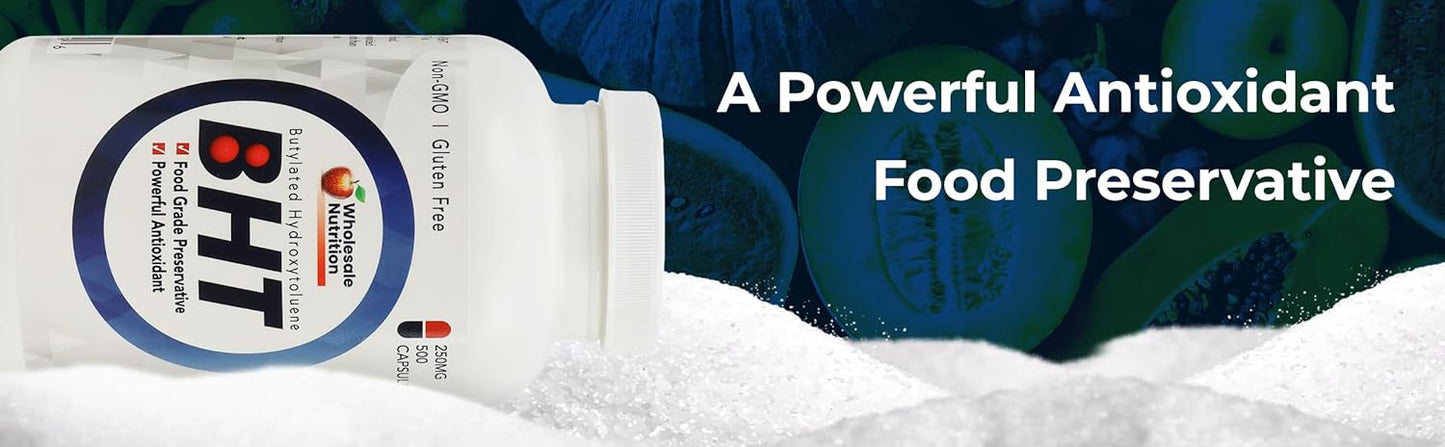 500 Capsules Wholesale Nutrition BHT 250mg - Powerful Antioxidant, Food-Grade Preservative - Non-GMO, Gluten-Free - Made in USA
