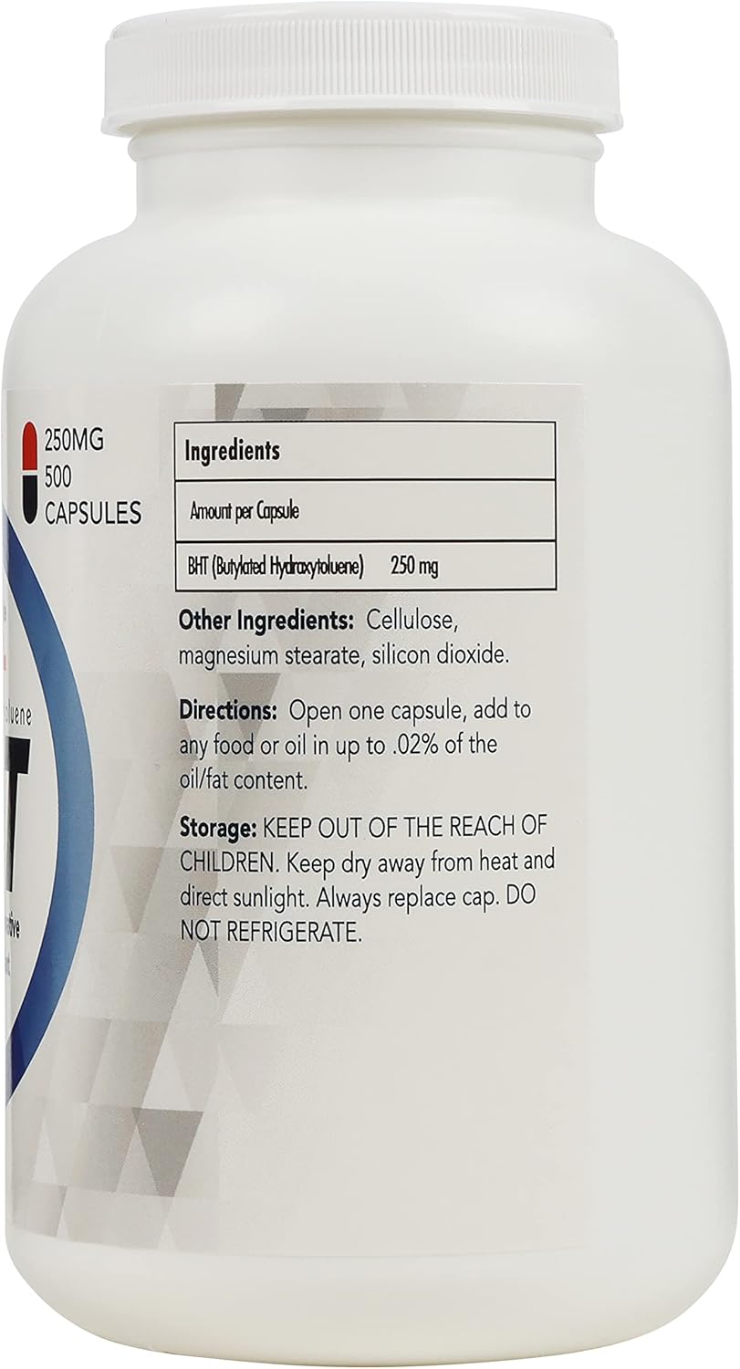 500 Capsules Wholesale Nutrition BHT 250mg - Powerful Antioxidant, Food-Grade Preservative - Non-GMO, Gluten-Free - Made in USA