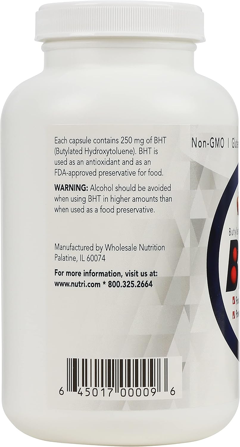 500 Capsules Wholesale Nutrition BHT 250mg - Powerful Antioxidant, Food-Grade Preservative - Non-GMO, Gluten-Free - Made in USA