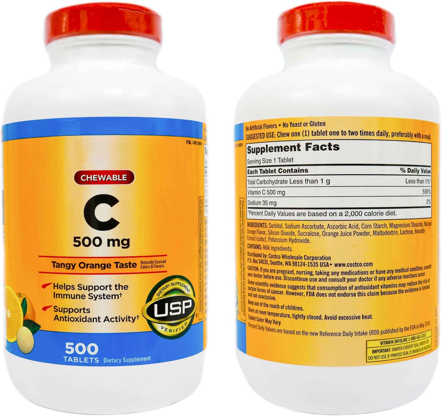 500 Chewable Tablets of BLUE RIBBON Vitamin C 500 mg, Tangy Orange Flavor - Pack of 2