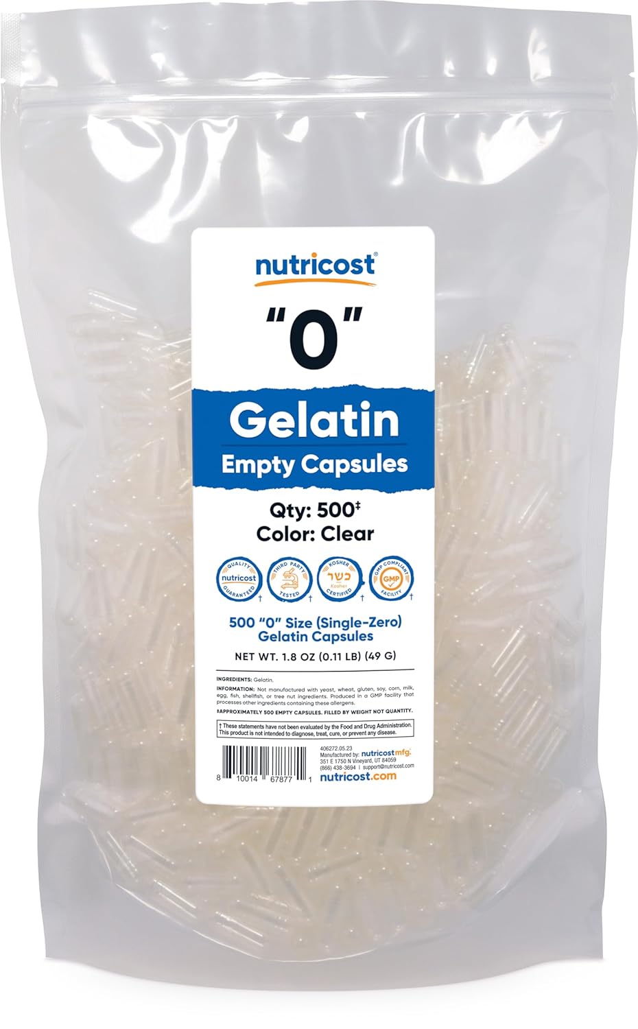 500 Clear Size 0 Gelatin Empty Capsules - Non-GMO, Soy Free, Gluten Free, Kosher