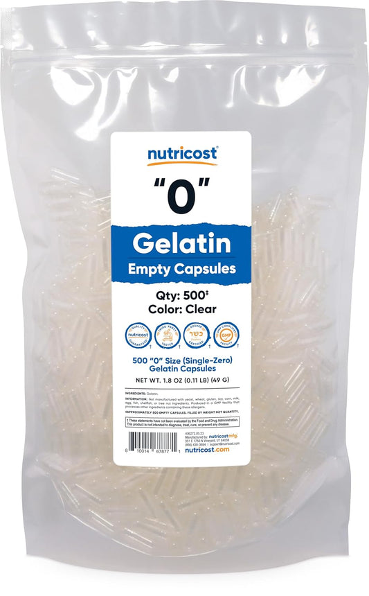 500 Clear Size 0 Gelatin Empty Capsules - Non-GMO, Soy Free, Gluten Free, Kosher