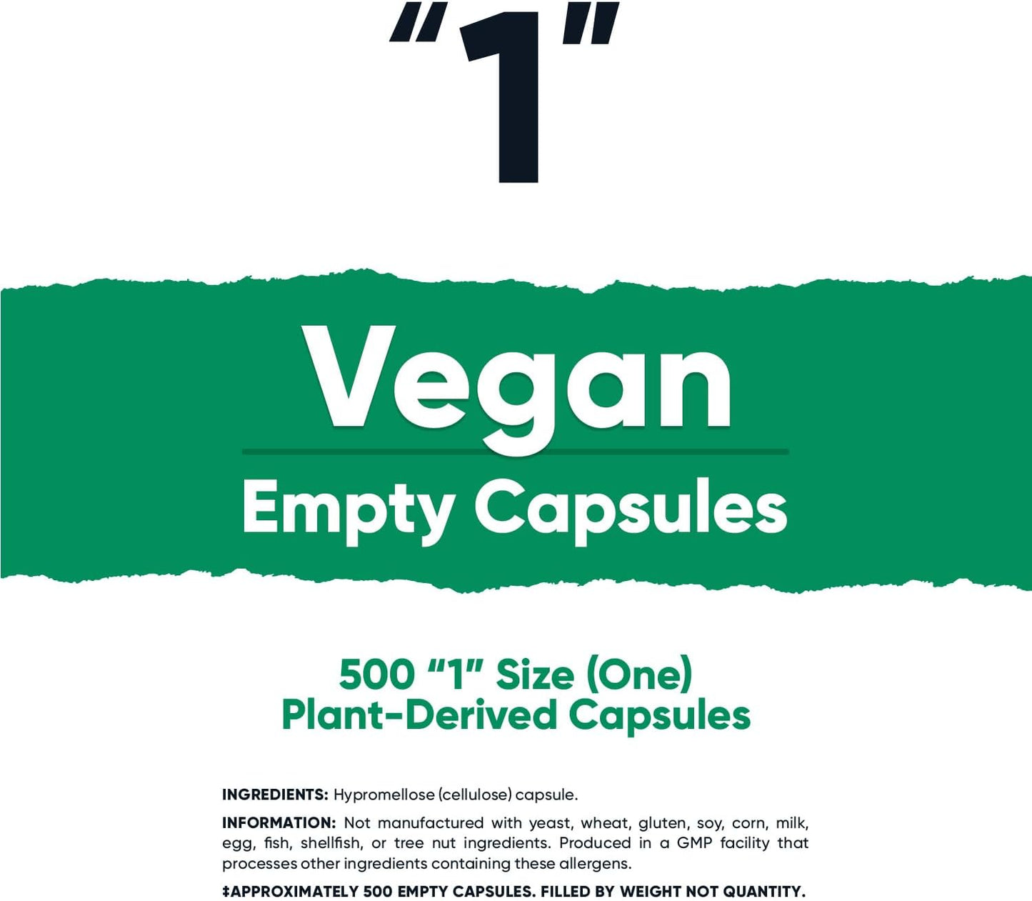 500 Clear Size 1 Vegan Empty Plant-Based Capsules - Kosher, Halal, Non-GMO, Soy & Gluten Free