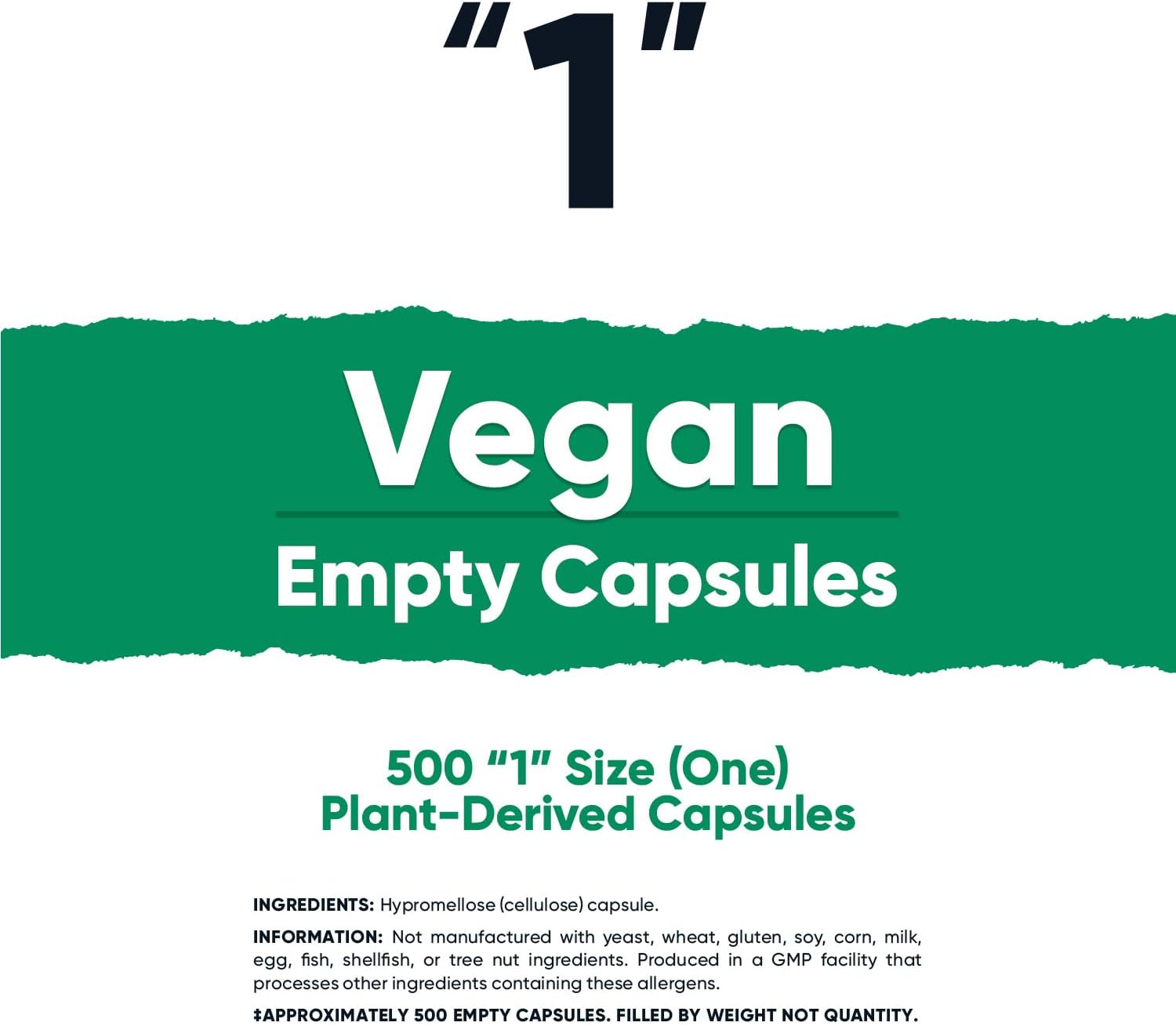 500 Clear Size 1 Vegan Empty Plant-Based Capsules - Kosher, Halal, Non-GMO, Soy & Gluten Free