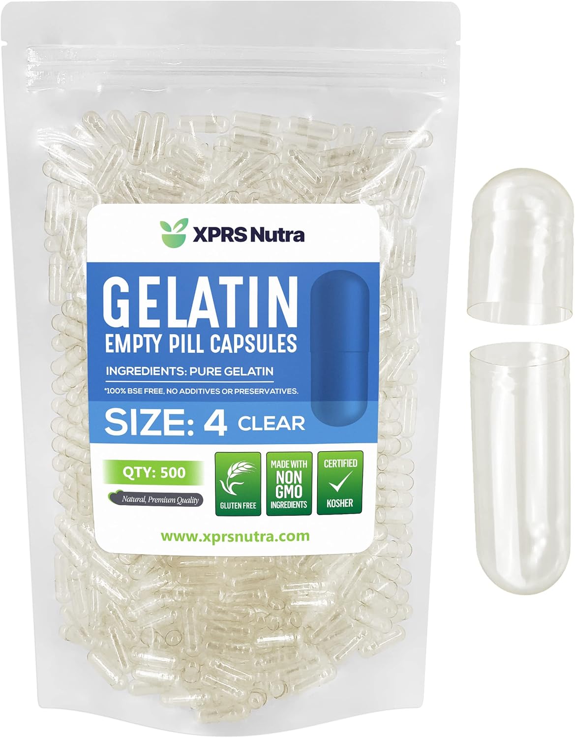 500 Count Clear Small Gelatin Empty Capsules for DIY Capsule Filling - Bovine Size 4 Empty Pill Capsules by XPRS Nutra
