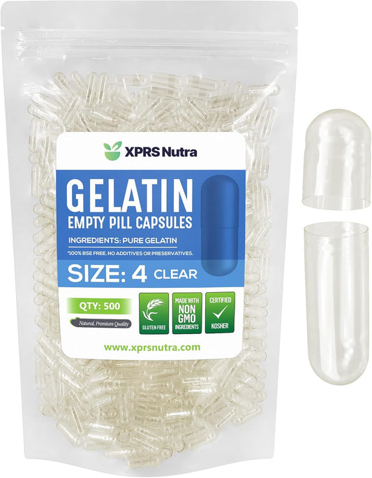 500 Count Clear Small Gelatin Empty Capsules for DIY Capsule Filling - Bovine Size 4 Empty Pill Capsules by XPRS Nutra