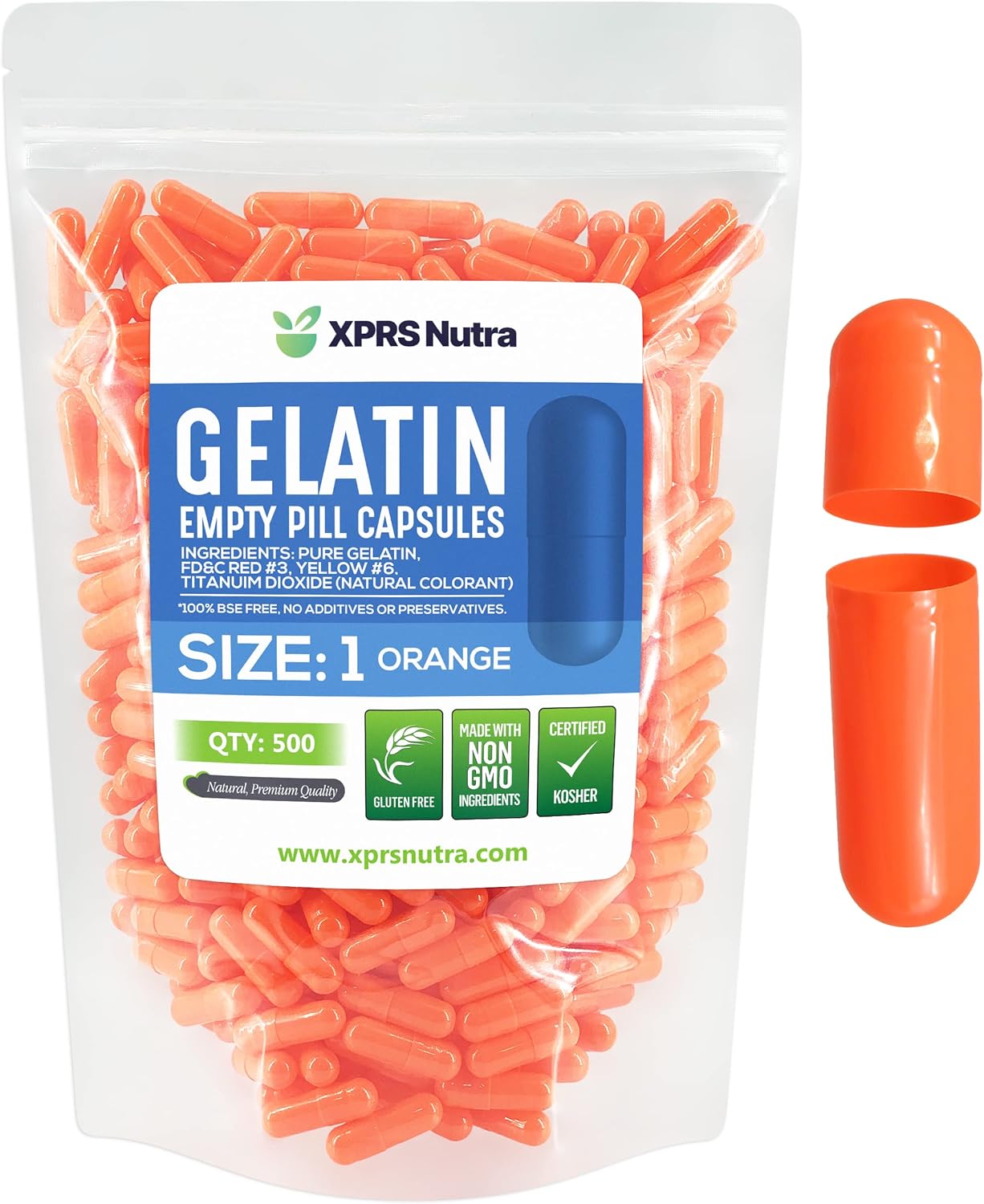 500 Count Empty Gelatin Capsules for DIY Capsule Filling - Size 1 Pure Bovine Pill Capsules - Orange Empty Pill Caps