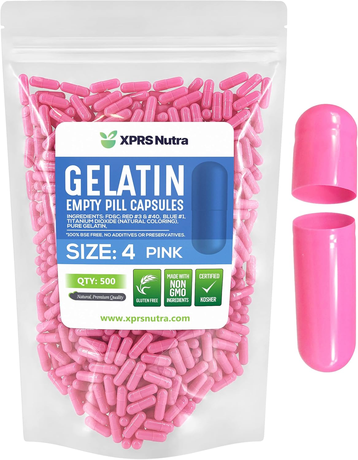 500 Count Empty Gelatin Capsules for DIY Capsule Filling - Size 4 Empty Pill Capsules - Pure Bovine Pink Gel Caps - XPRS Nutra