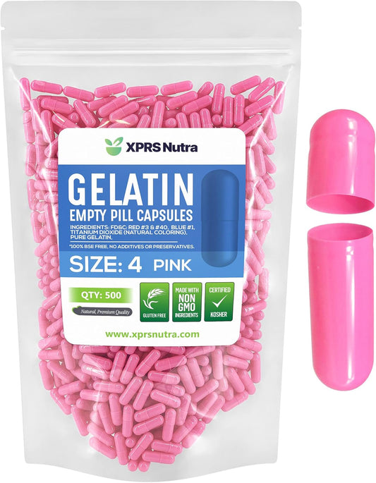 500 Count Empty Gelatin Capsules for DIY Capsule Filling - Size 4 Empty Pill Capsules - Pure Bovine Pink Gel Caps - XPRS Nutra