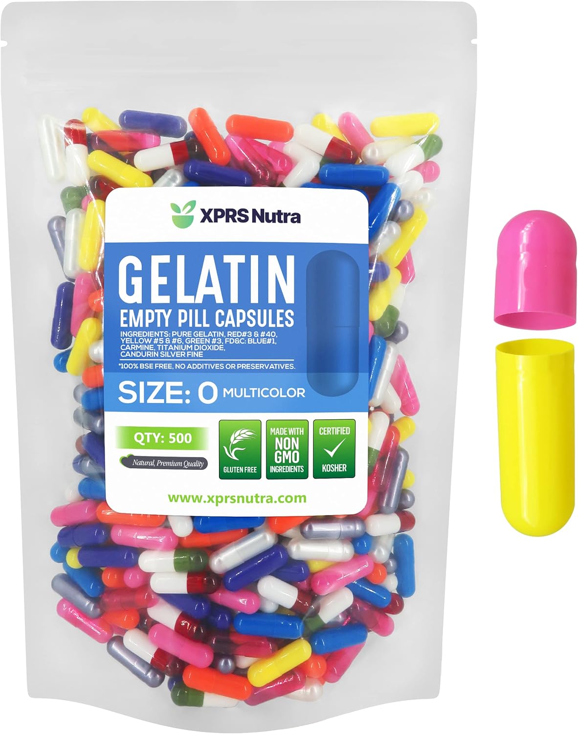 500 Count Empty Gelatin Capsules for DIY Capsule Filling - Size 0 Empty Pill Capsules - Pure Bovine Gel Caps (Multi Color)