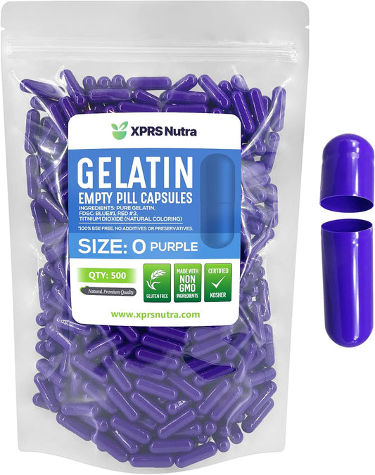 500 Count Size 0 Empty Gelatin Capsules for DIY Capsule Filling - Pure Bovine Pill Capsules Empty Gel Caps - Purple Color