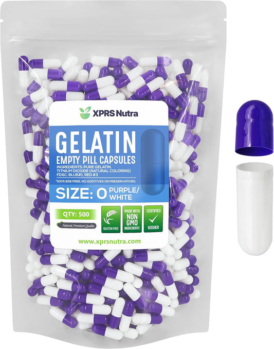 500 Count Size 0 Empty Gelatin Capsules for DIY Capsule Filling - Pure Bovine Empty Pill Capsules in Purple/White Color