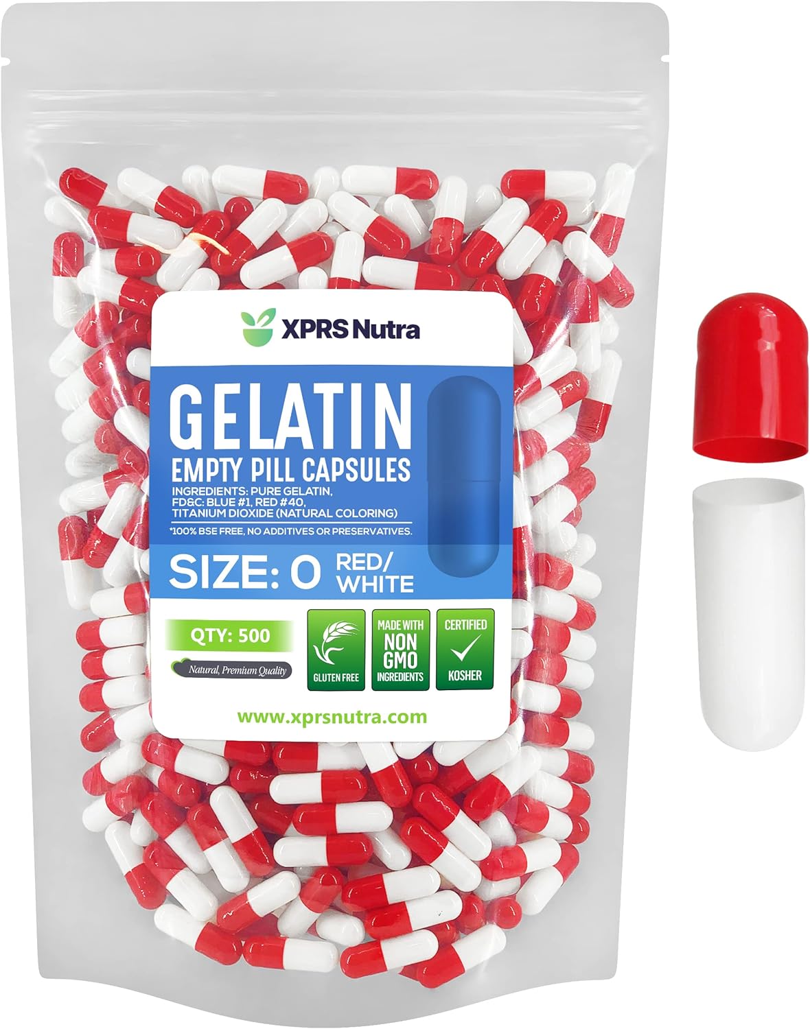 500 Count Size 0 Empty Gelatin Capsules for DIY Capsule Filling with Pure Bovine Gel Caps - Red/White Color