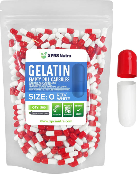 500 Count Size 0 Empty Gelatin Capsules for DIY Capsule Filling with Pure Bovine Gel Caps - Red/White Color