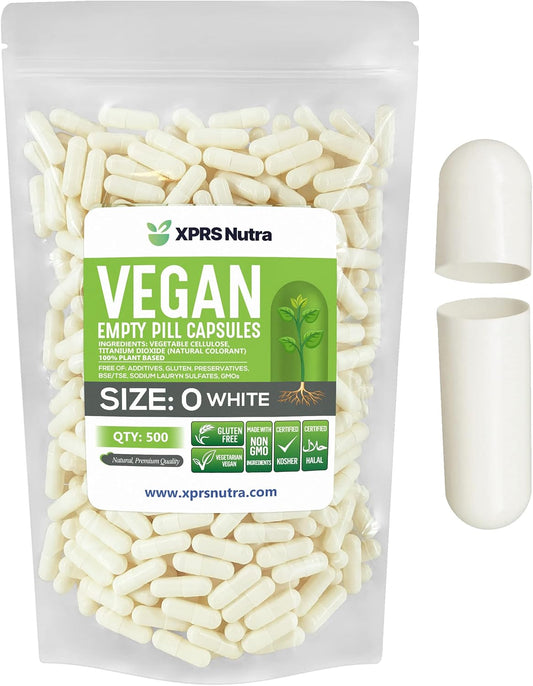 500 Count Size 0 Empty Vegan Capsules for DIY Vegetable Filling - White Veggie Pill Caps